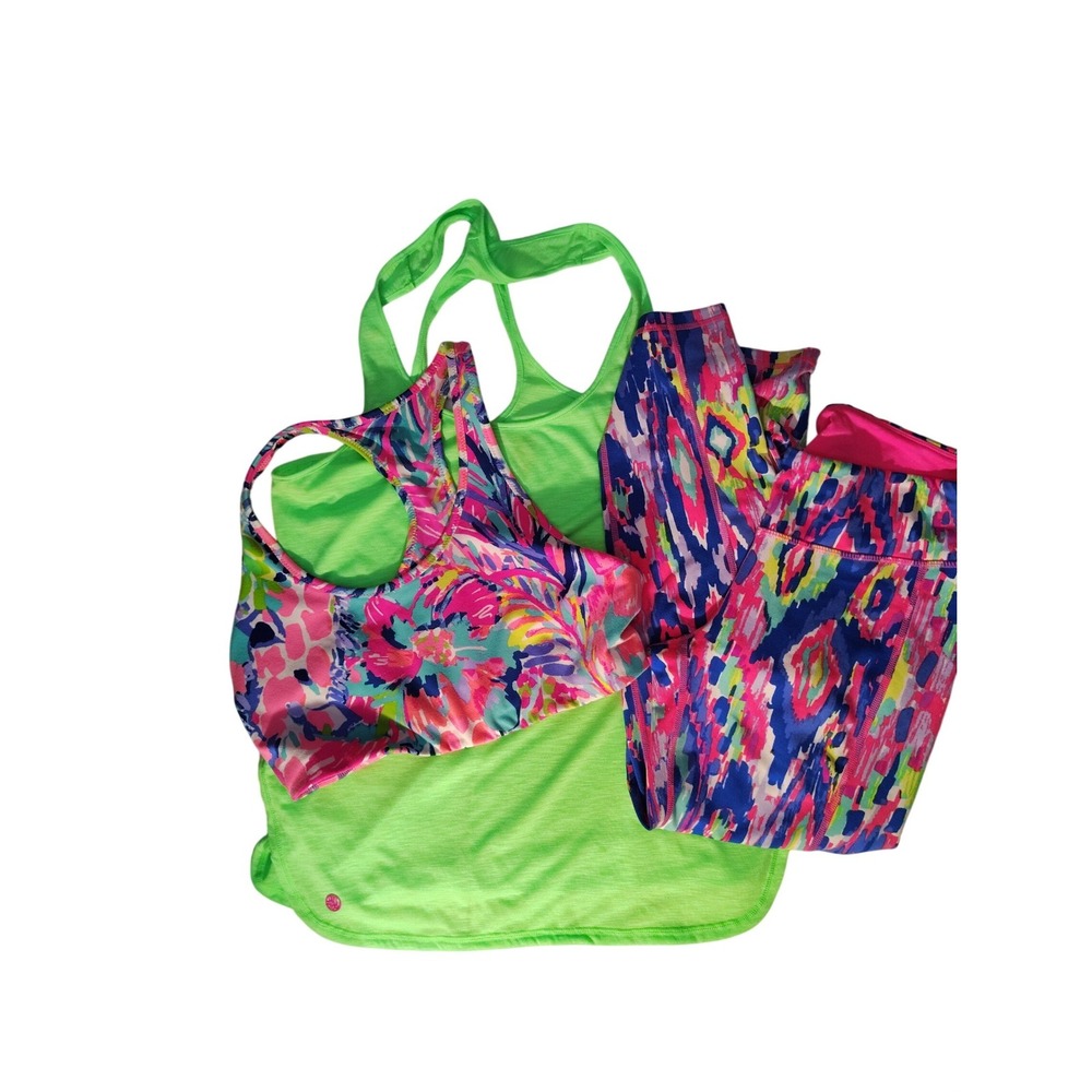 Lilly Pulitzer Luxletic 3pc Activewear Set Tank Sports‎ Bra Leggings Neon Multi